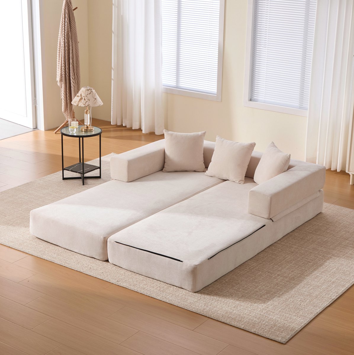 MODENUIT Modulaire Bank 198 cm - Chenille Slaapbank Met Zijvakken En Antislip - Woonkamer - Chenille - Beige