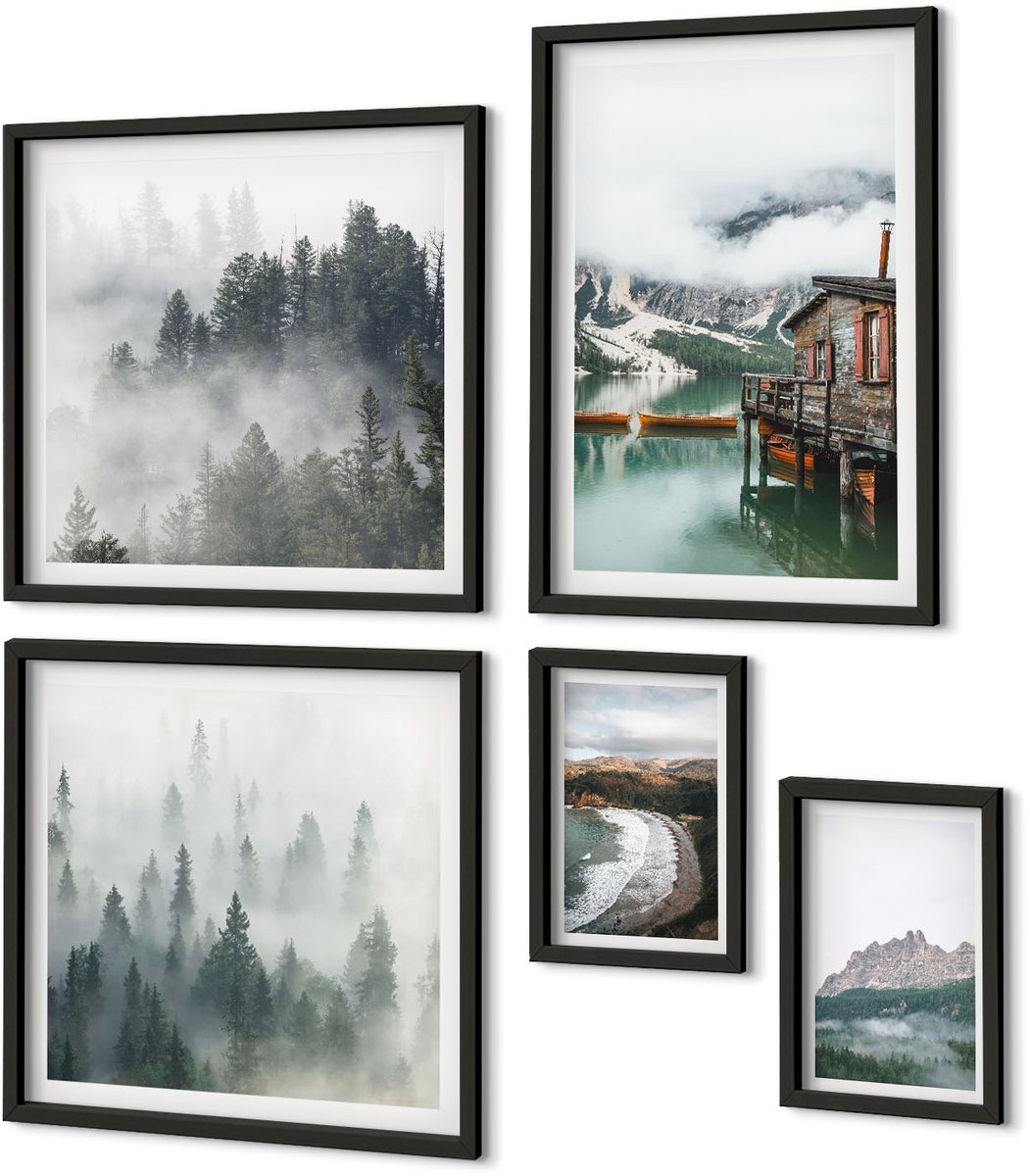 Coloray 5-Delige Schilderij Set - Berglandschappen Met Huisjes Aan Het Water En In De Bossen. - 50 x 50 cm, 20 x 30 cm En 40 x 60 cm - Stijlvolle Muurdecoratie - Slaapkamer - Interieur Decoratie