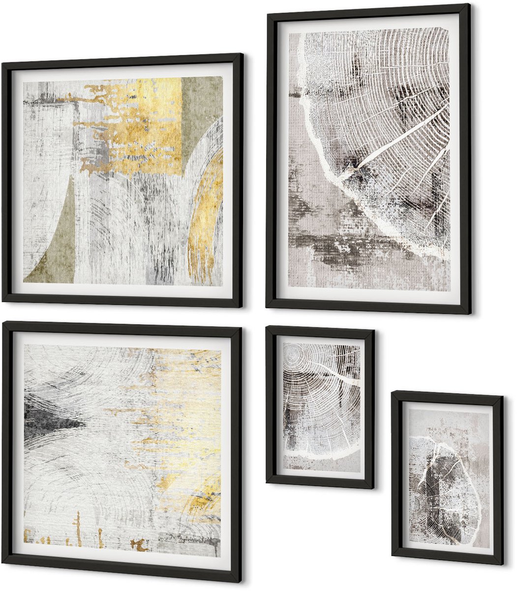 Coloray 5-Delige Schilderij Set - Abstracte Patronen En Texturen In Neutrale Tinten - 50 x 50 cm, 20 x 30 cm En 40 x 60 cm - Moderne Wanddecoratie - Slaapkamer - Muurdecoratie Zwarte lijst