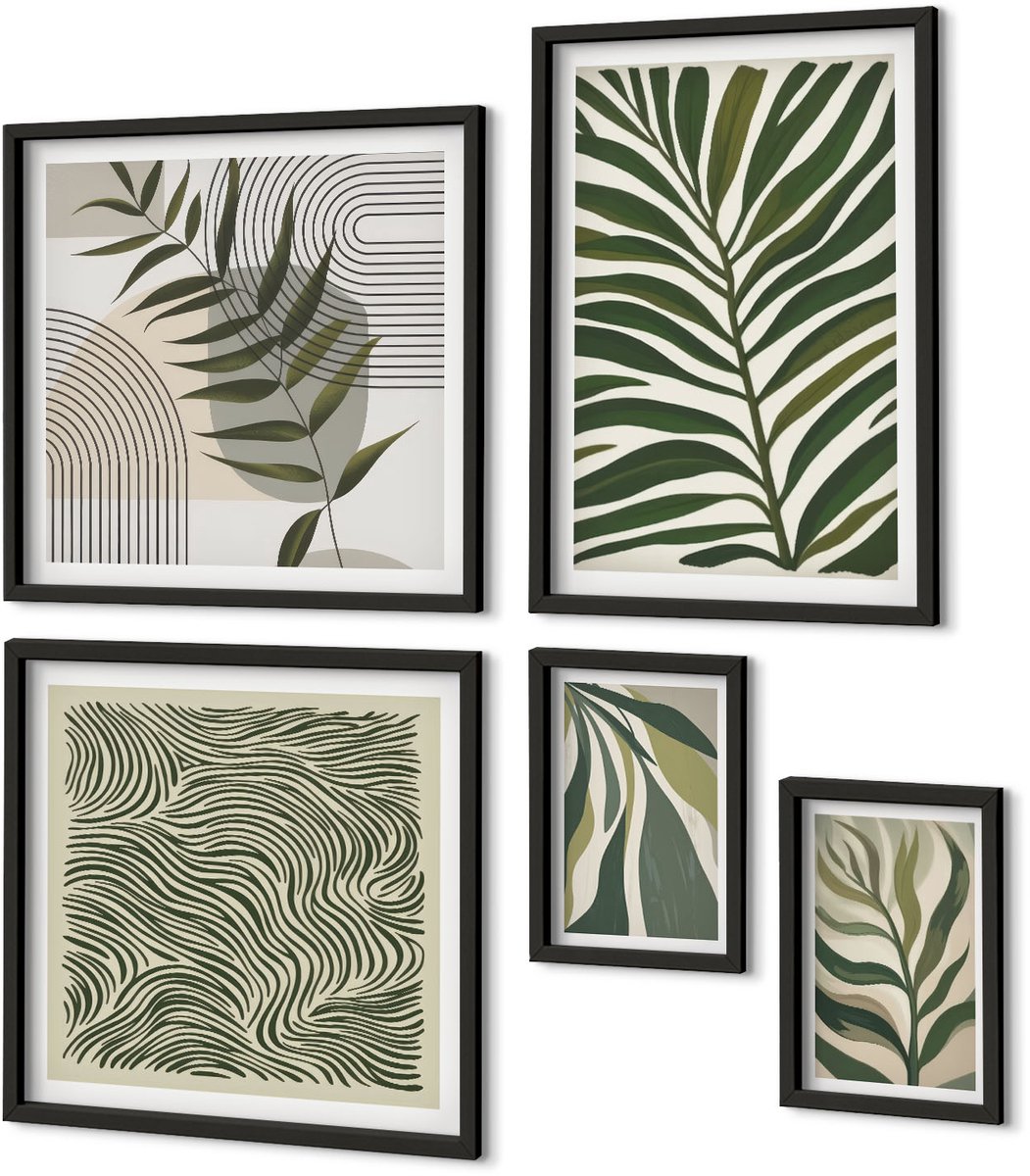 Coloray 5-Delige Schilderij Set - Plantenpatronen In Een Moderne En Minimalistische Stijl - 50 x 50 cm, 20 x 30 cm En 40 x 60 cm - Schilderijen Set - Wanddecoratie - Woonkamer - Decoratieve Schilderijen