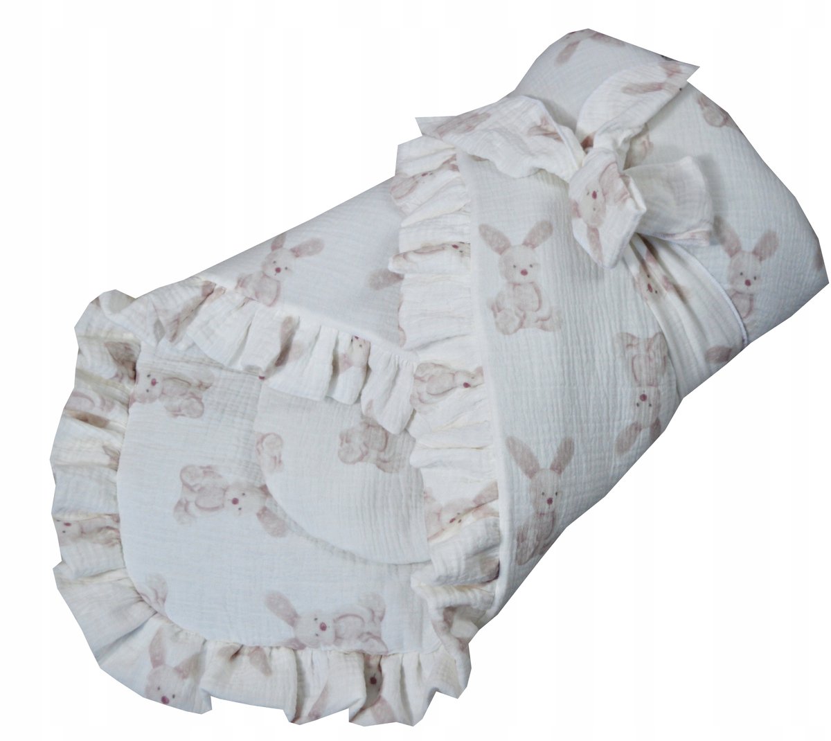 Zachte Muslin Babywikkeldoek met Strik en Ruches - Konijntjes