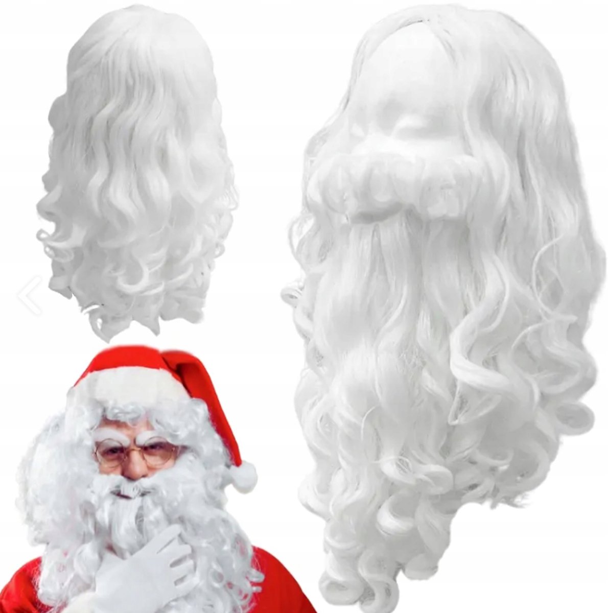 Perruque en barbe de Père Noël, déguisement blanc, cheveux synthétiques