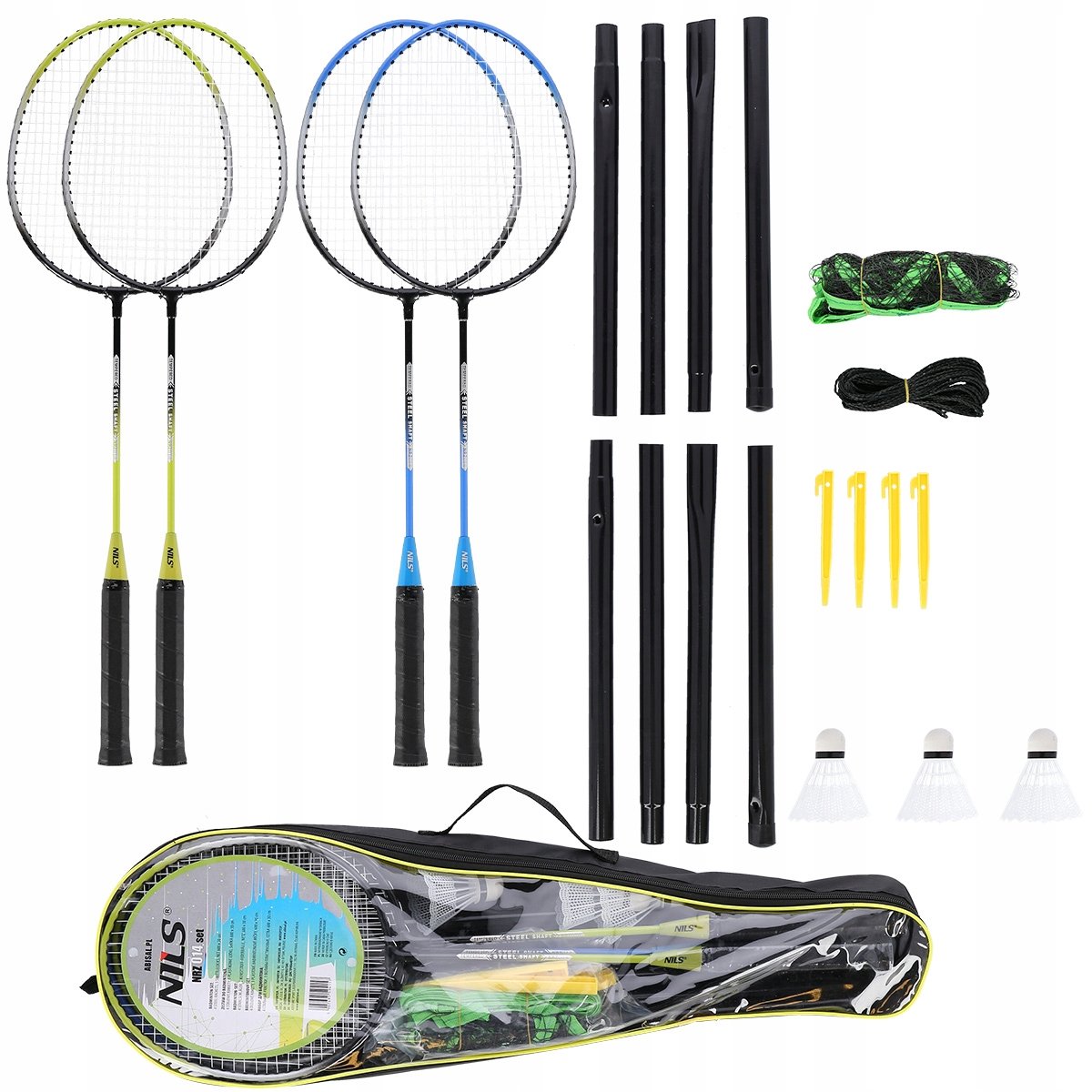 Badmintonset: 4 rackets, 3 shuttles, net en tas