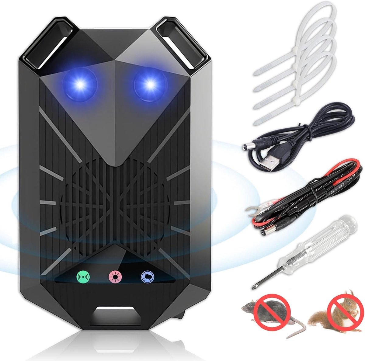 Ultrasone Marterverjager - Zwart - 12V/AA/USB - Effectieve Afweer met Flitslicht - Voor Auto, Huis en Tuin