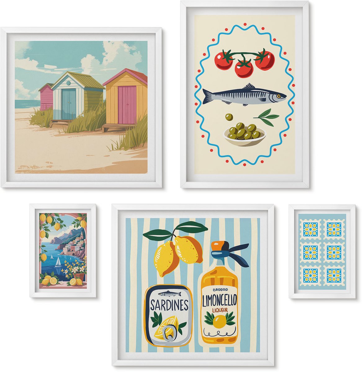 Wallfluent 5-Delige Schilderij Set - Mediterrane Keuken: Verse Smaken En Kleurrijke Accenten - 50 x 50 cm, 20 x 30 cm En 40 x 60 cm - Schilderijen Set - Wanddecoratie - Woonkamer - Stijlvolle Muurdecoratie