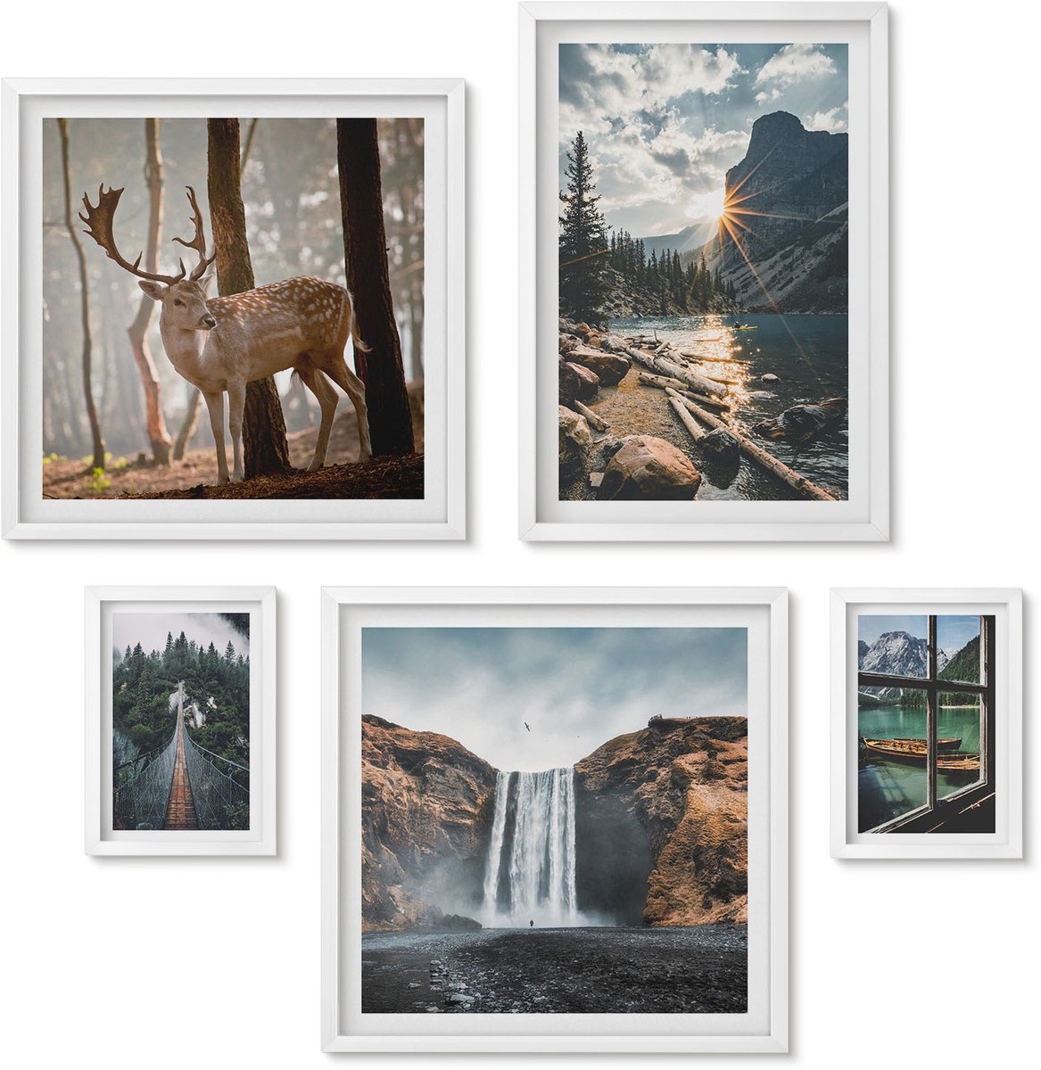 Wallfluent 5-Delige Schilderij Set - Natuurlandschappen Met Watervallen En Wilde Dieren - 50 x 50 cm, 20 x 30 cm En 40 x 60 cm - Muurdecoratie - Wanddecoratie - Slaapkamer - Stijlvolle Muurdecoratie