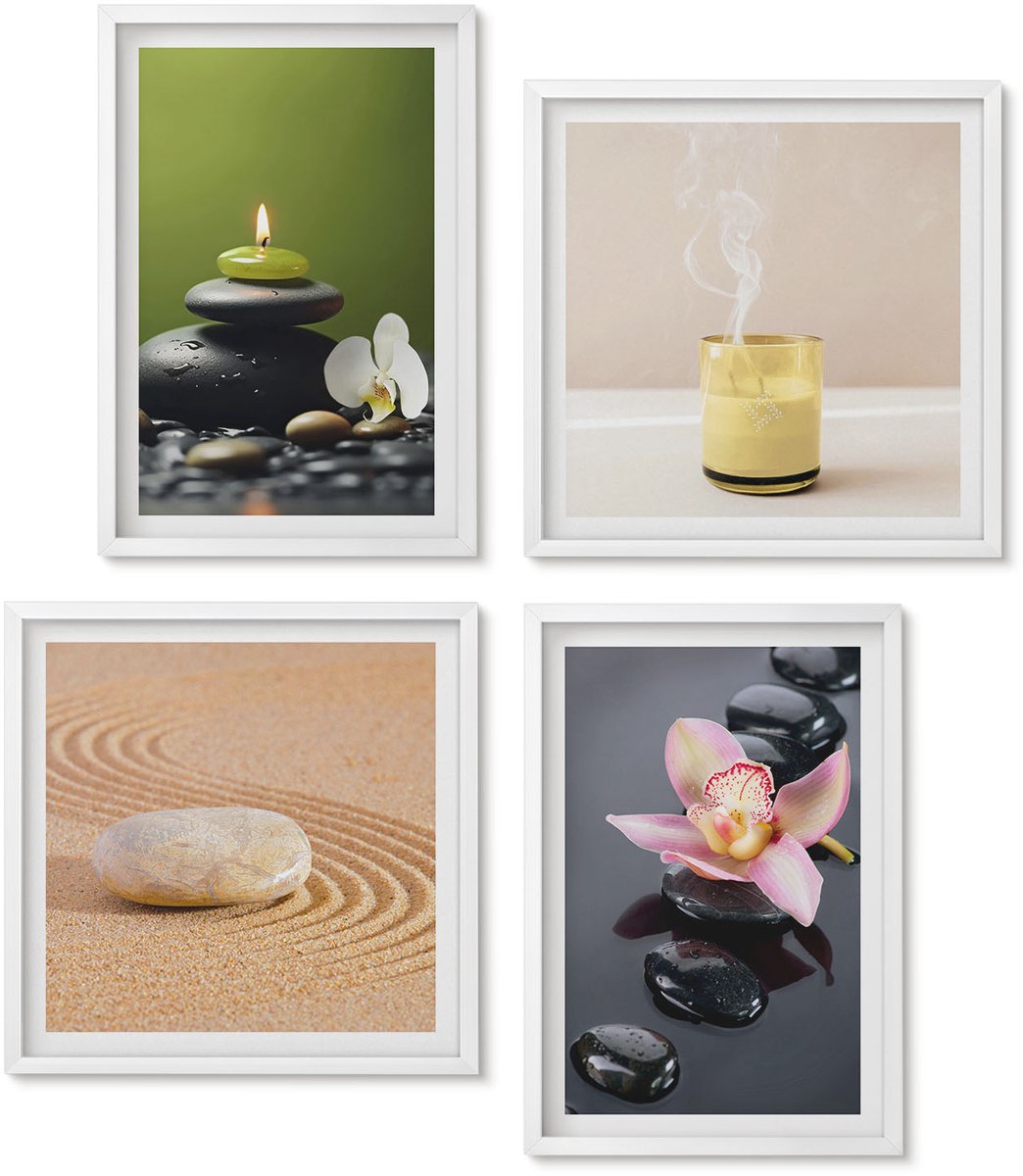 Wallfluent 4-Delige Schilderij Set - Rustgevende Steenthema'S: Vrede En Zen - 40 x 40 En 40 x 60 - Schilderijen Set - Wanddecoratie - Woonkamer - Moderne Wanddecoratie