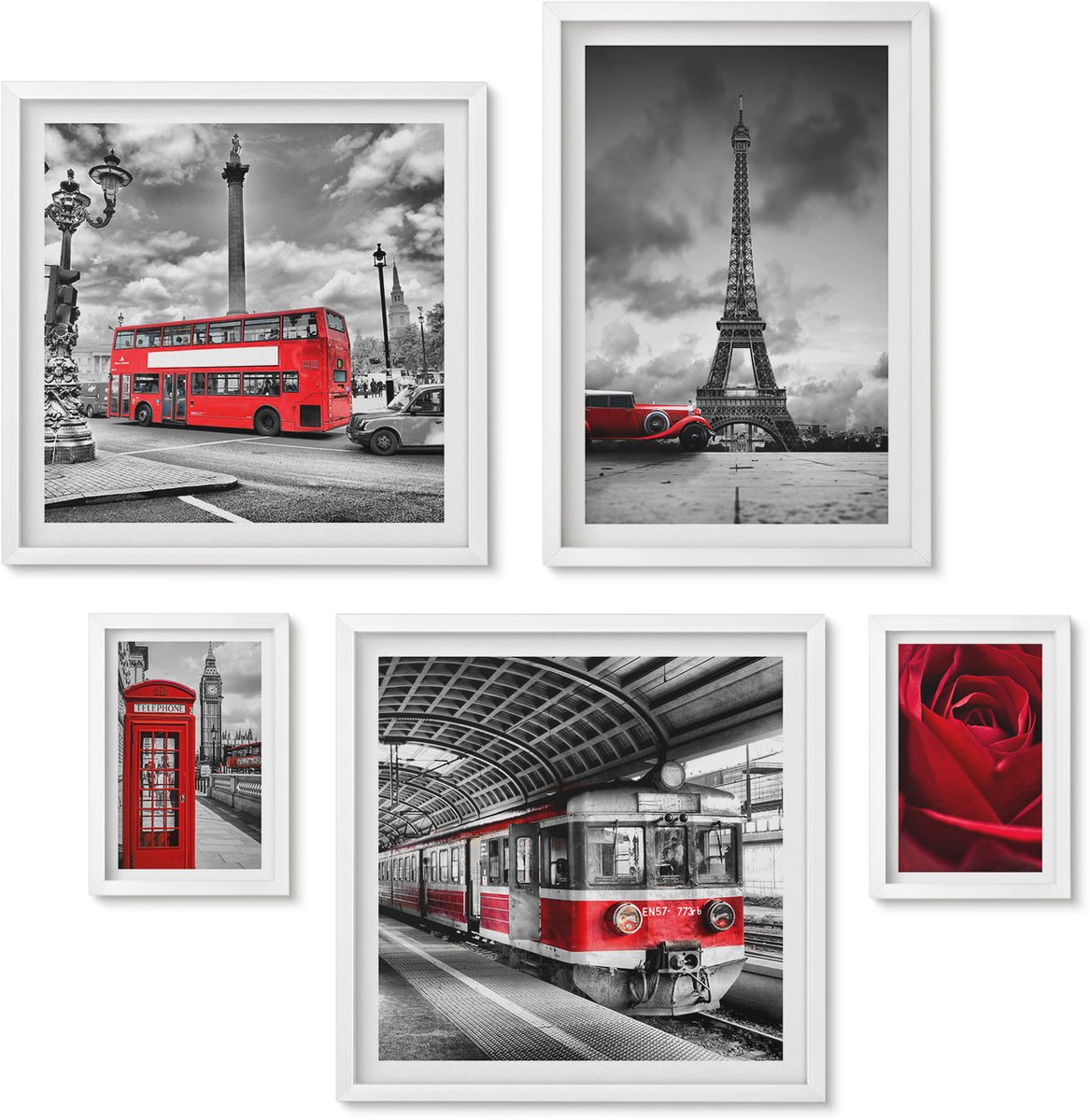 Wallfluent 5-Delige Schilderij Set - Europese Architectonische Iconen En Klassieke Voertuigen - 50 x 50 cm, 20 x 30 cm En 40 x 60 cm - Muurdecoratie - Schilderijen Set - Woonkamer - Wanddecoratie