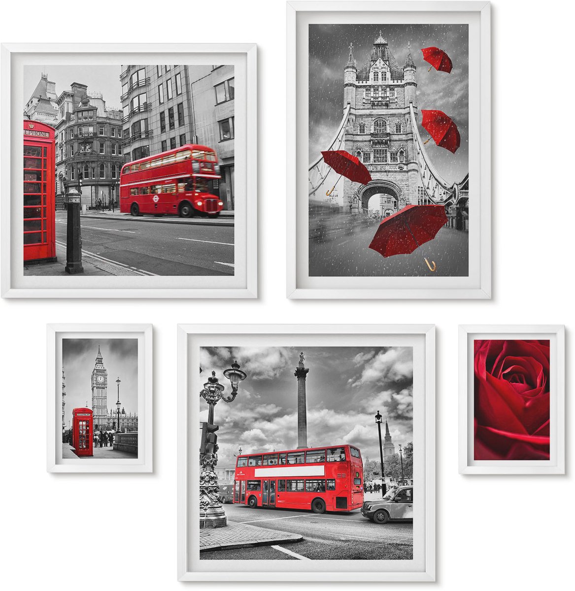 Wallfluent 5-Delige Schilderij Set - Londense Motieven Met Rode Accenten En Details - 50 x 50 cm, 20 x 30 cm En 40 x 60 cm - Wanddecoratie - Woonkamer Decoratie - Interieur Decoratie