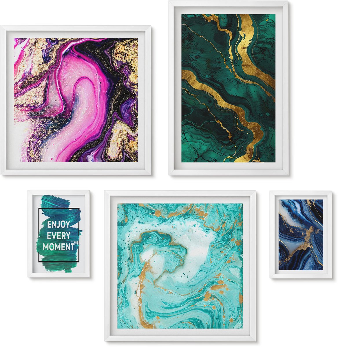 Wallfluent 5-Delige Schilderij Set - Abstracte Patronen In Tinten Groen En Paars. - 50 x 50 cm, 20 x 30 cm En 40 x 60 cm - Wanddecoratie - Muurdecoratie - Moderne Interieurdecoratie - Decoratieve Schilderijen