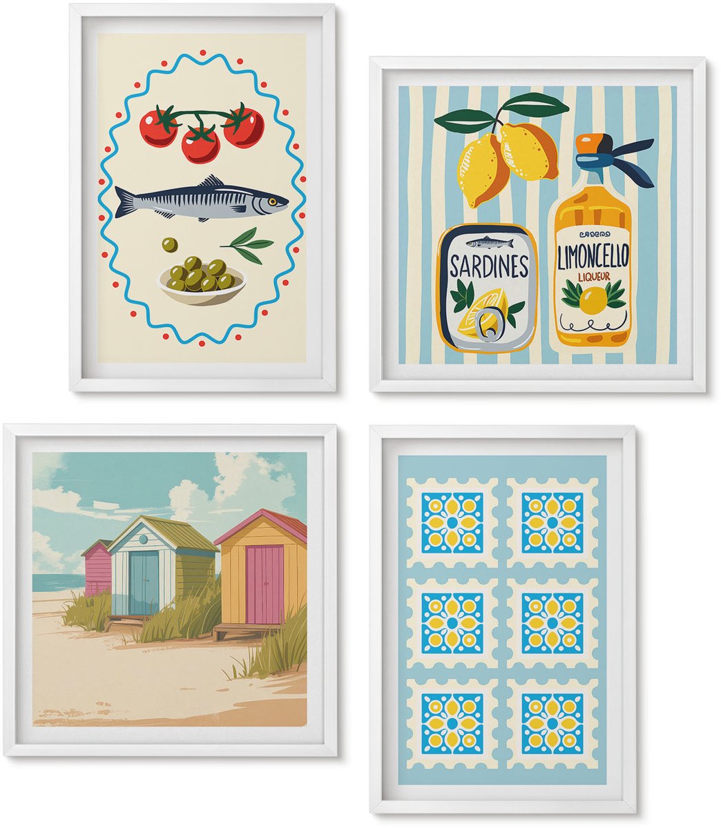 Wallfluent 4-Delige Schilderij Set - Illustraties Van Keukens In Mediterrane Stijl - 40 x 40 En 40 x 60 - Wanddecoratie - Schilderijen Set - Interieur