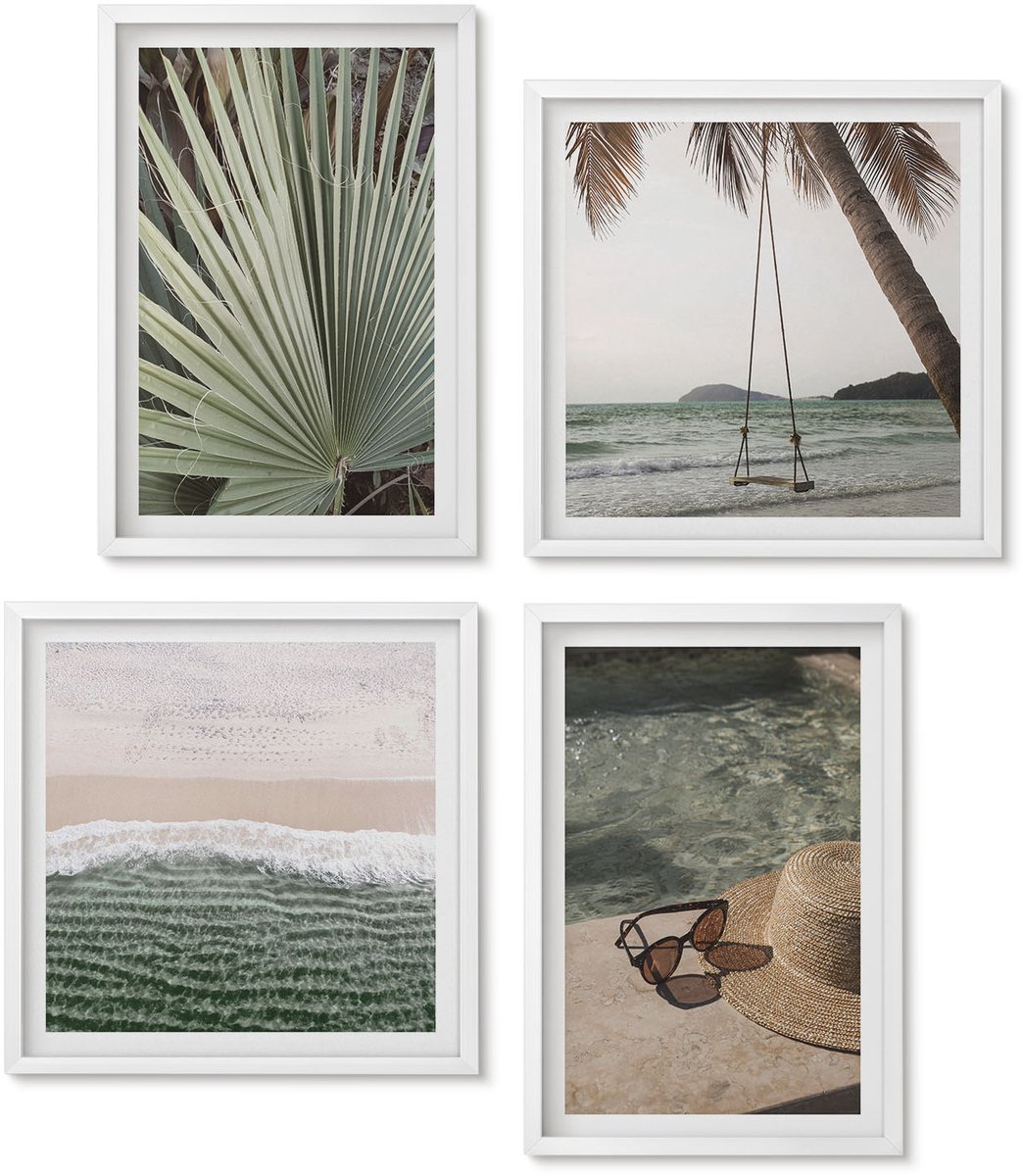 Wallfluent 4-Delige Schilderij Set - Vakantie Aan Het Strand Met Palmbladerenschommel - 40 x 40 En 40 x 60 - Moderne Wanddecoratie - Slaapkamer