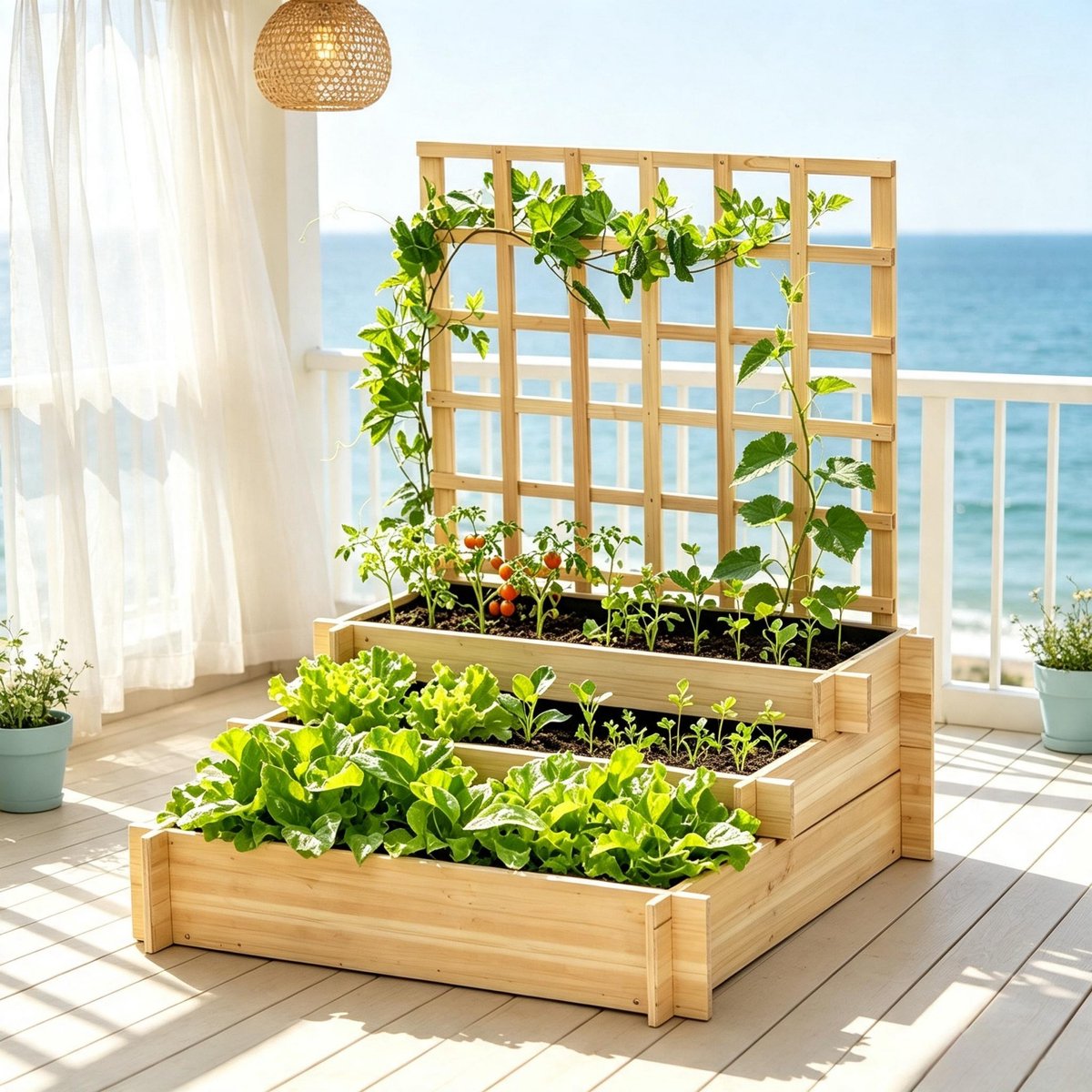 MIVRAY Moestuinbak met Klimrek – 3 Niveaus – Dennenhout – Natural – Voor Groenten, Kruiden en Klimplanten met Open Bodem