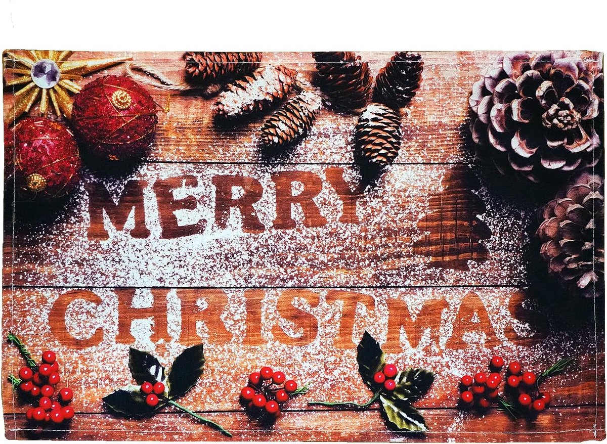 Placemat 30 x 45 made of 100% polyester white Merry Christmas decoration on wooden board - ShopVlot