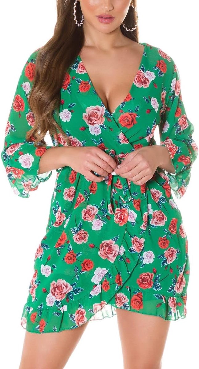 Koucla Floral Print Wrap V Neck Flounce Effect Mini Dress with Belt Green, One Size, green - ShopVlot