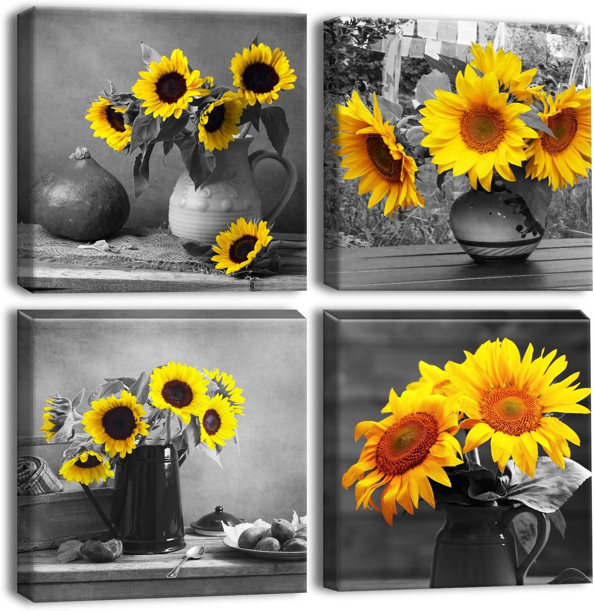 Wanddecoratie canvasprints - zonnebloem en grijze kunst - modern framed - perfect voor badkamer of kantoor - ShopVlot