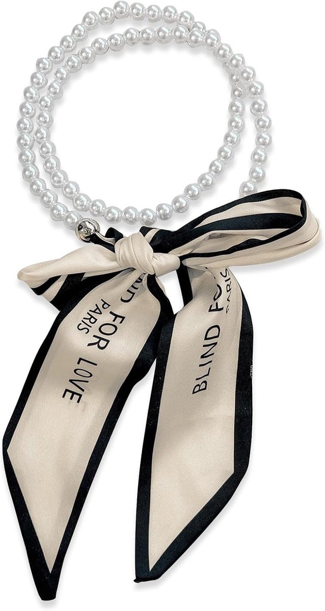 LumiSyne Silk scarf necklace women's girls narrow long neckerchief with pearl chain floral print stripes letters - ShopVlot