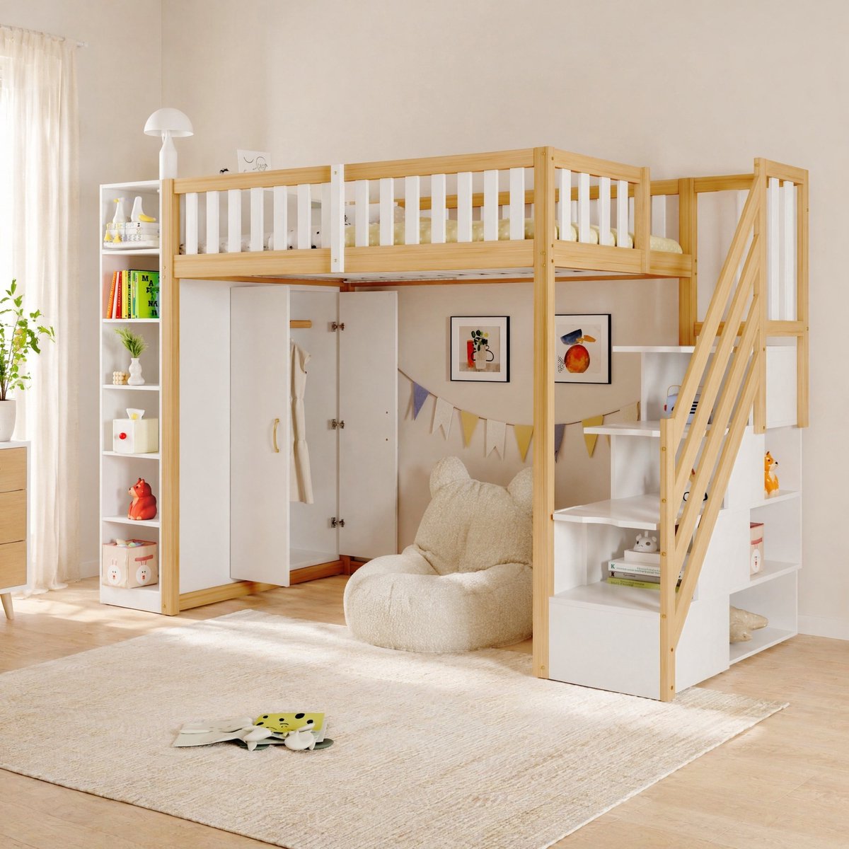 MEUNIQ Hoogslaper 90 x 200 cm met kast, planken en veiligheidsladder met opbergruimte - Kinderkamer - Wit en naturel