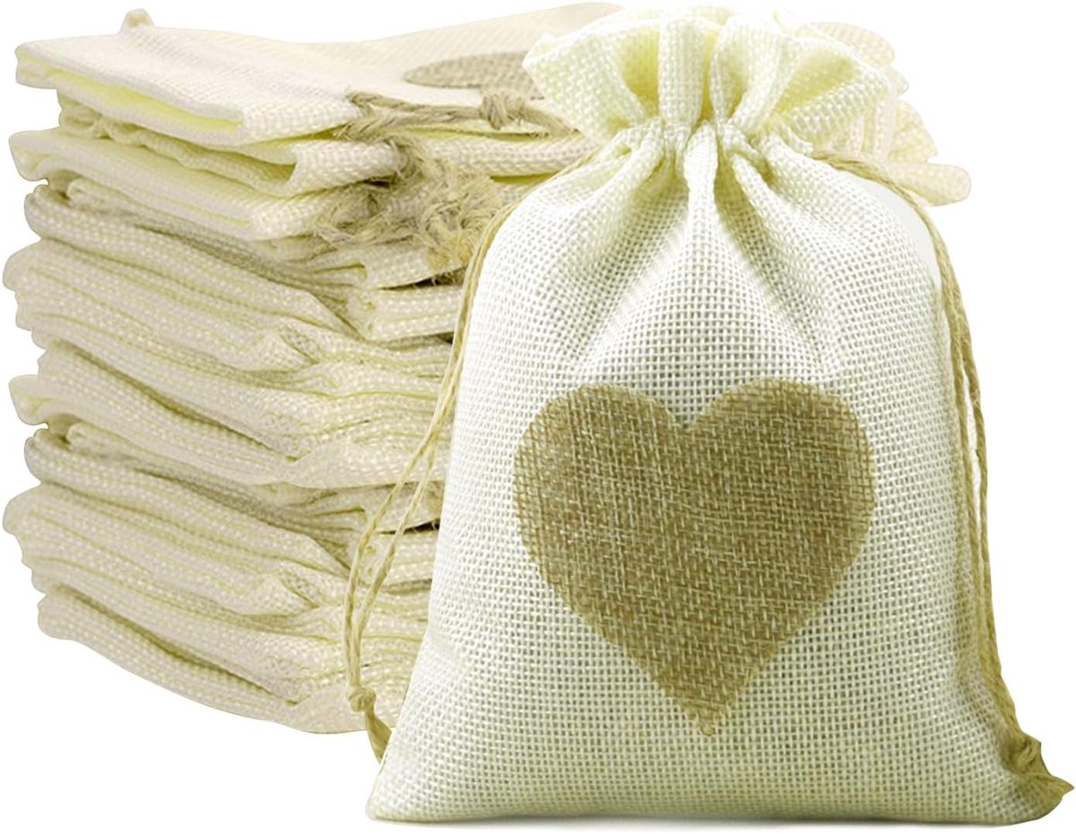Jute Bags 13 x 18 cm Jute Bags with Drawstring Heart Linen Bags Cotton Small Bags for Jewellery DIY Crafts Wedding - ShopVlot