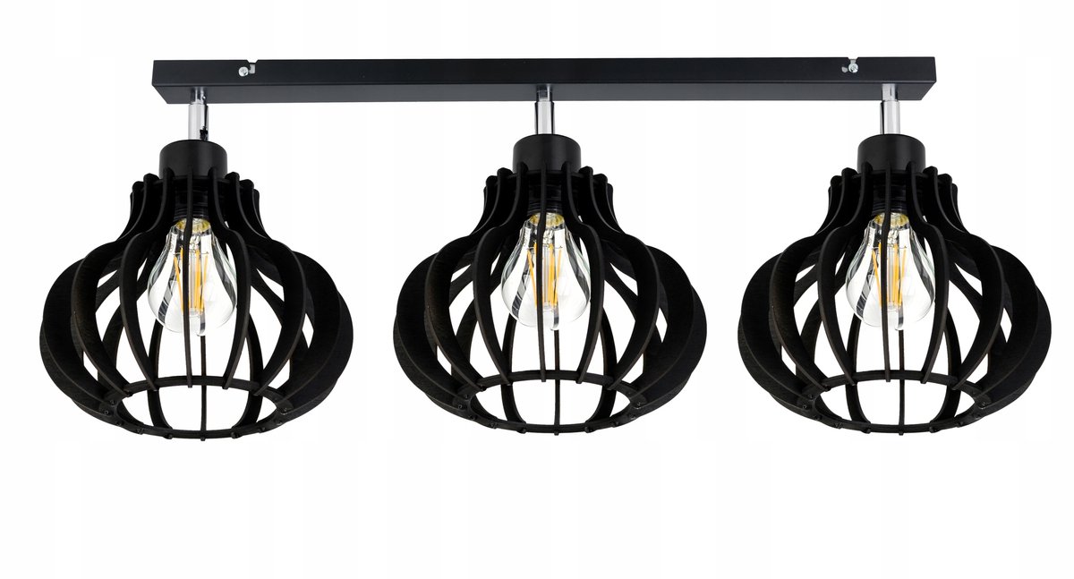 Loft Plafond Lamp Zwart Hout 3x E27 Verstelbaar