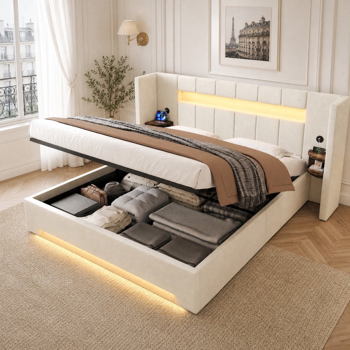 Wishdor Bedframe met opbergruimte en LED verlichting - Velours - USB aan beide zijden - Hydraulisch opklapbaar - Met retro opbergkastjes - Beige - 180x200 cm