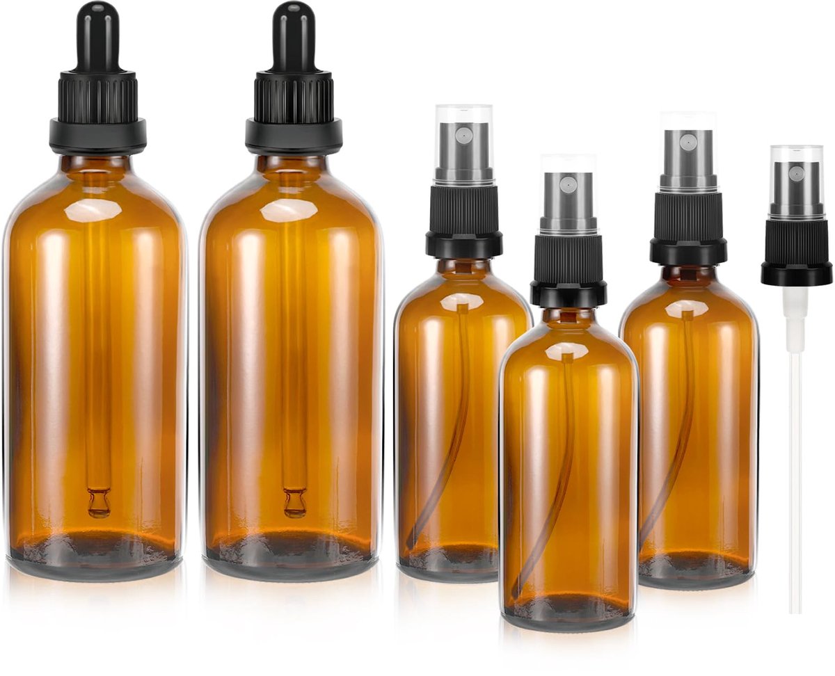 Zikenis 5-delige bruine verstuiver spuitfles, 2x100ml 3x50ml met UV-bescherming, verwisselbare druppelbuisjes en - ShopVlot