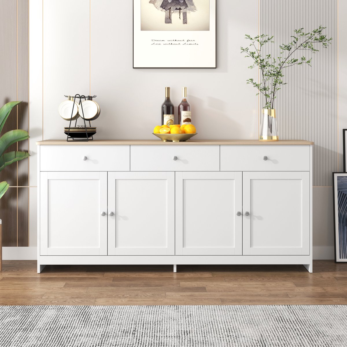 Dressoir 160x37x75 cm, buffetkast met 4 deuren, 3 lades en verstelbare planken, opbergkast voor eetkamer, houtlook blad, MDF en spaanplaat, wit