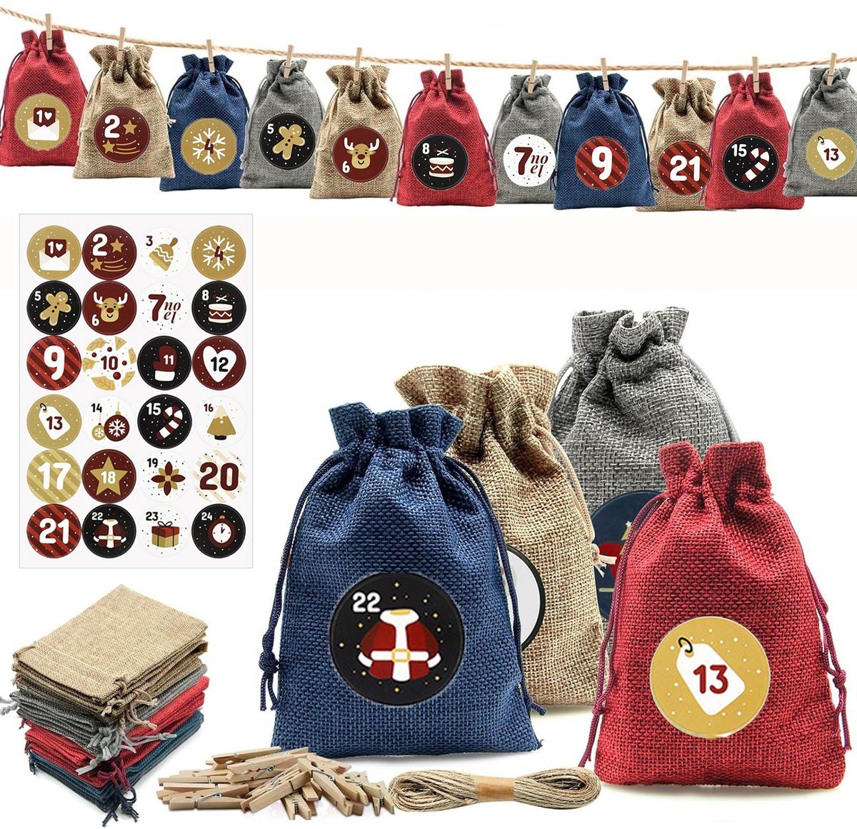 Set van 24 kerstkalender cadeautasjes met 24 adventsnummerstickers om zelf stoffen tasjes te vullen, jute tasjes met trekkoord, stofvrije jute zakjes voor feestcadeautjes, doe-het-zelf knutselprojecten met labels en touwtjes.