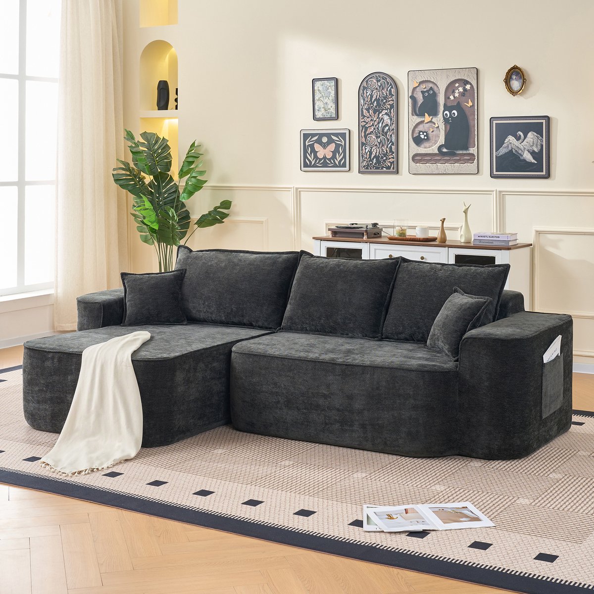 L-vormige cloud bank met chaise longue - Montagevrij en modulair - 264 cm breed - Zwart chenille - XXL diepe zit 71 cm - Boneless wolkencomfort - Huisdiervriendelijk en slijtvast