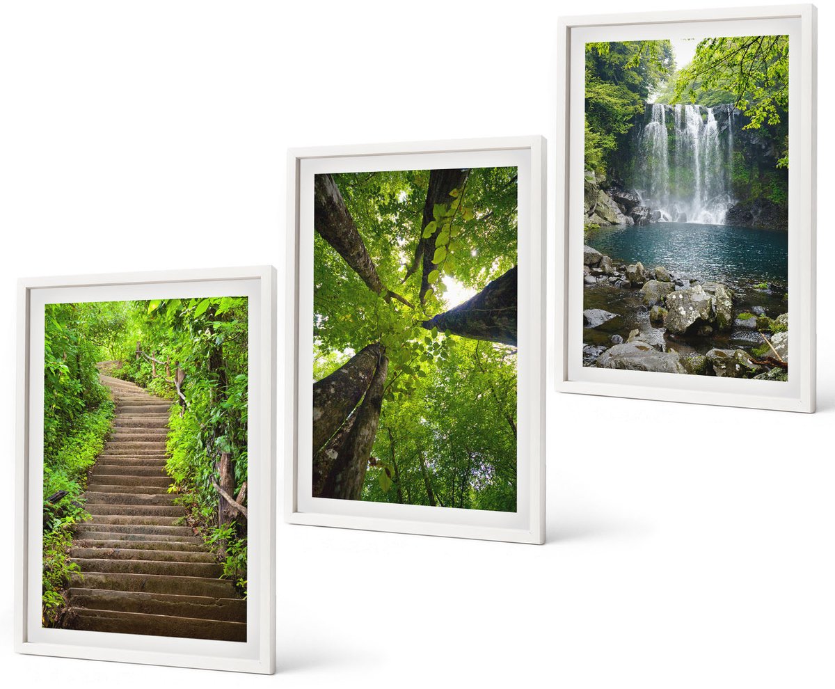 Coloray 3-Delige Schilderij Set - Bospad Met Waterval En Groene Vegetatie - 40 x 60 - Wanddecoratie - Moderne Interieurdecoratie