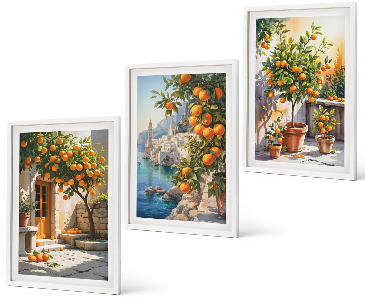 Coloray 3-Delige Schilderij Set - Geschilderde Citrusvruchten En Kustlandschappen - 40 x 60 - Wanddecoratie - Schilderijen Set - Kantoor - Muurdecoratie