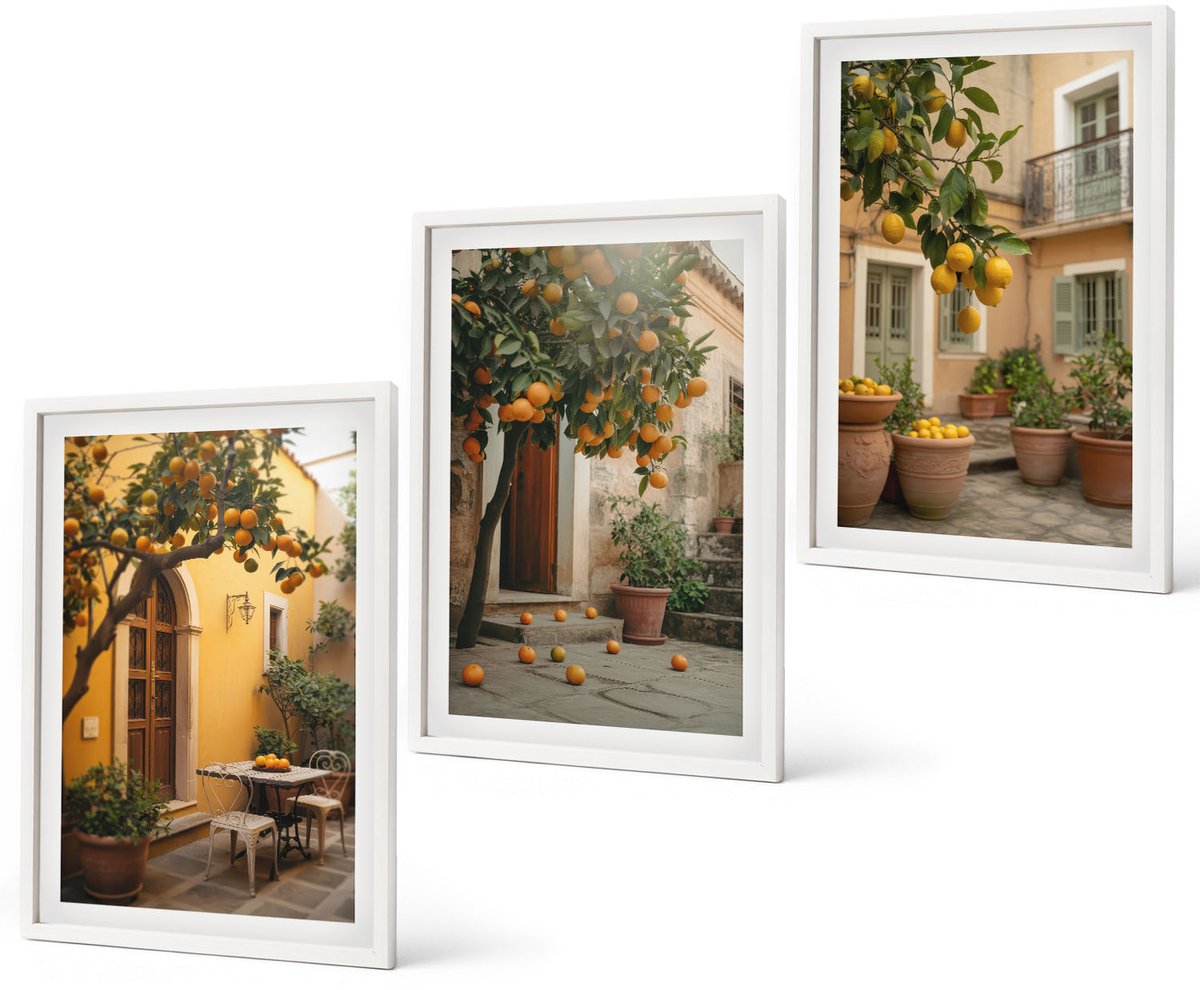 Coloray 3-Delige Schilderij Set - Tuin Met Citrusbomen Op Een Zonnige Locatie - 40 x 60 - Moderne Wanddecoratie - Slaapkamer - Woonkamer Decoratie Witte lijst