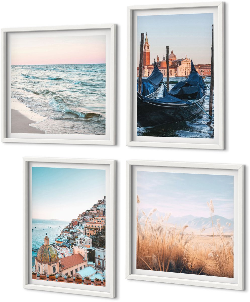 Coloray 4-Delige Schilderij Set - Uitzicht Op Zee, Italiaanse Architectuur, Venetië - 40 x 40 En 40 x 60 - Muurdecoratie - Wanddecoratie - Slaapkamer - Woonkamer Decoratie