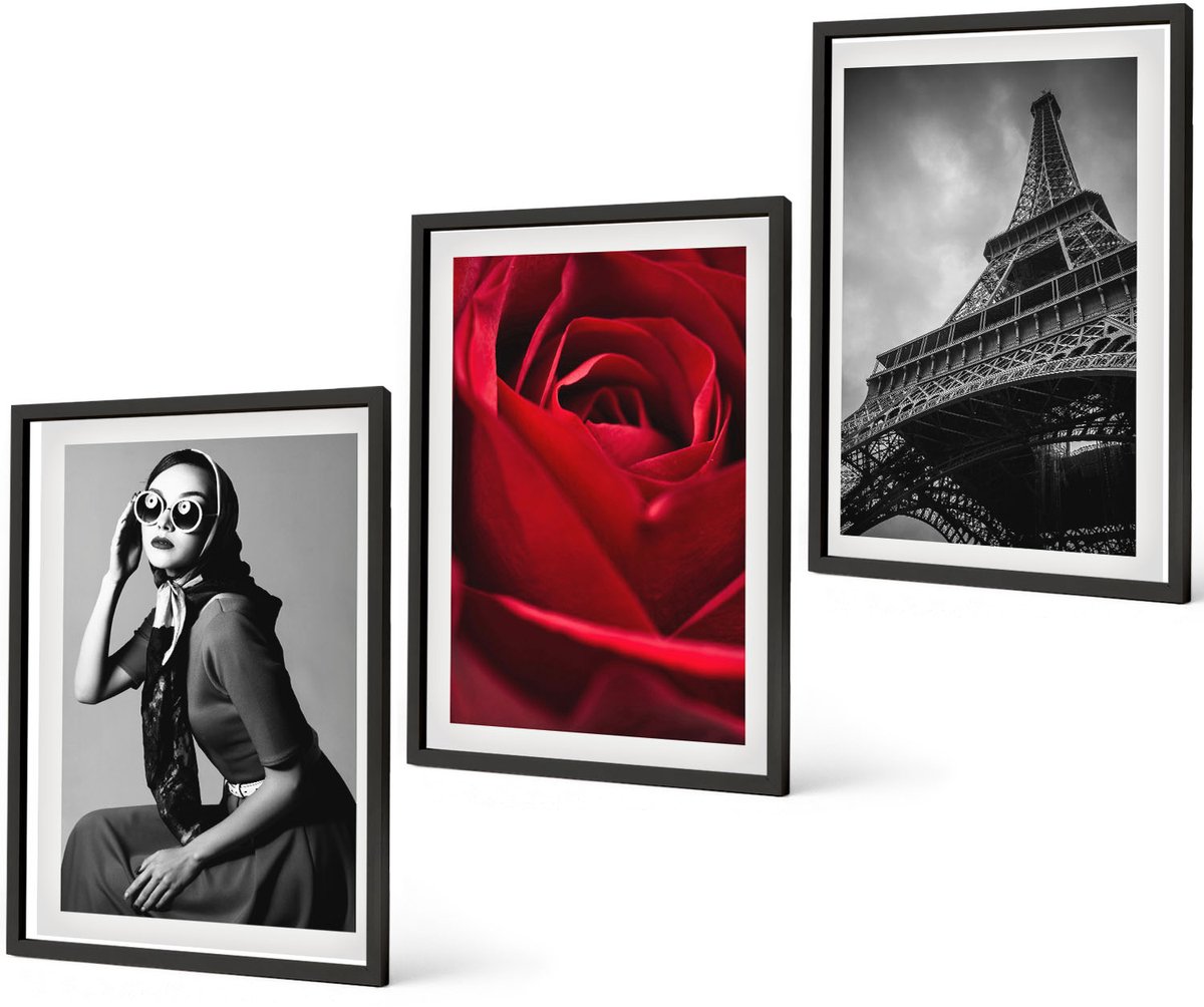 Coloray 3-Delige Schilderij Set - Parijse Vrouw Met Bril, Roos En Eiffeltoren - 40 x 60 cm - Wanddecoratie - Muurdecoratie - Woonkamer