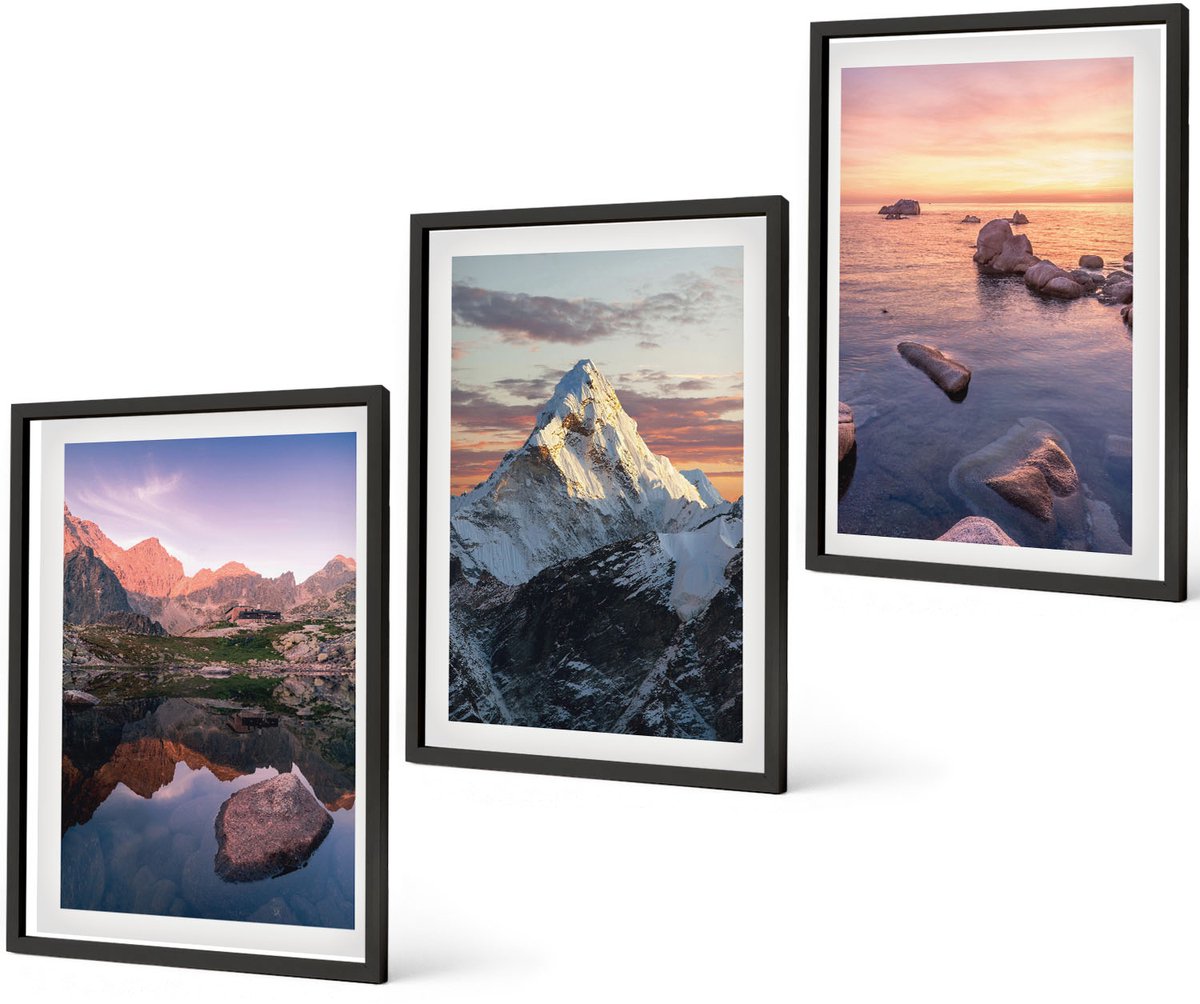 Coloray 3-Delige Schilderij Set - Berglandschappen Met Water En Rotsen Op De Achtergrond. - 40 x 60 cm - Stijlvolle Wanddecoratie - Interieur - Stijlvolle Muurdecoratie
