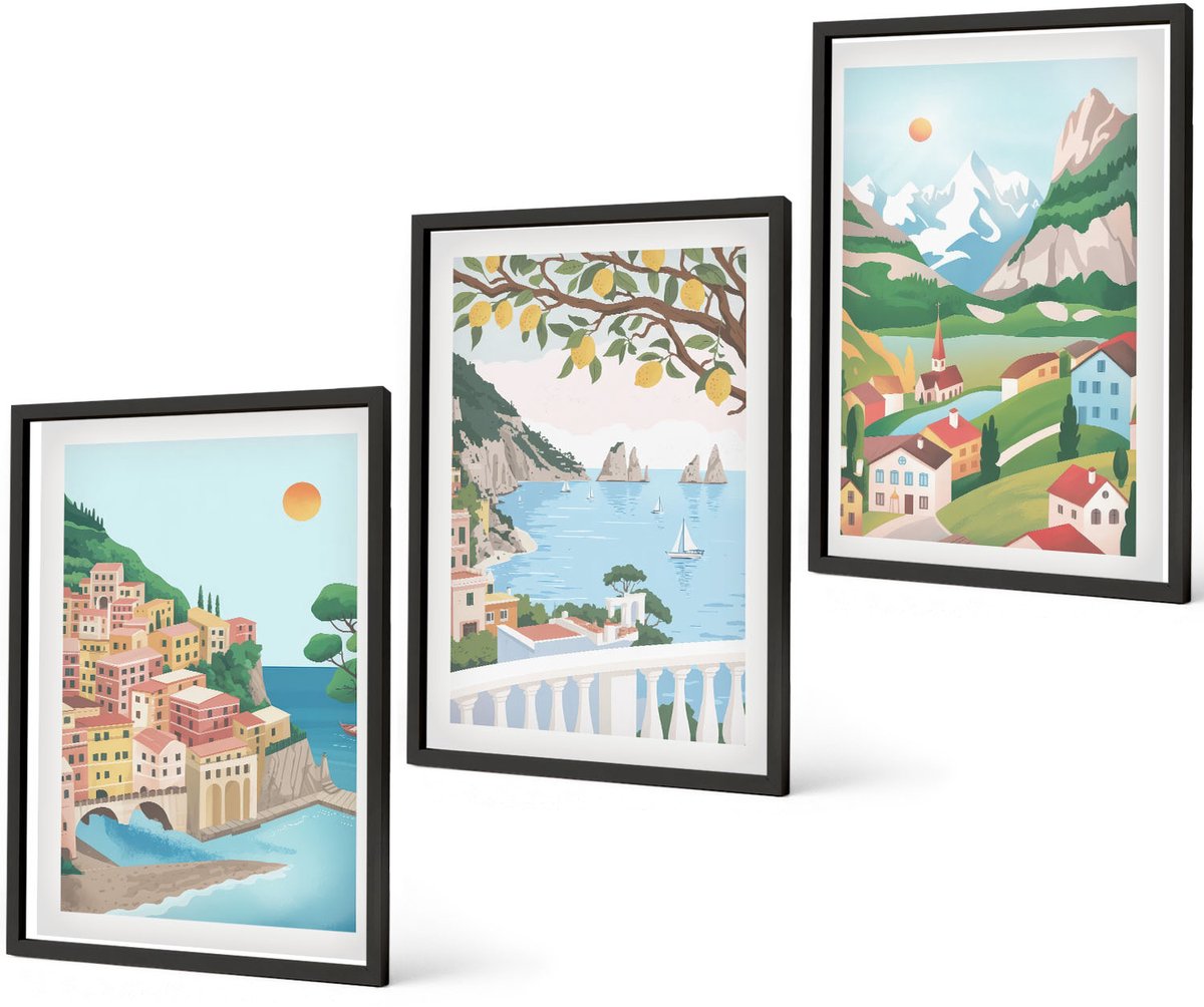 Coloray 3-Delige Schilderij Set - Uitzicht Op Zee Met Pastelkleurige Huizen - 40 x 60 cm - Muurdecoratie - Interieur Decoratie - Stijlvolle Muurdecoratie