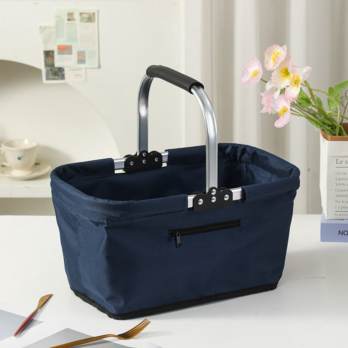 Opvouwbare boodschappenmand 43*28*22cm, picknickmand met aluminium frame en gevoerde handgrepen, Diepblauw