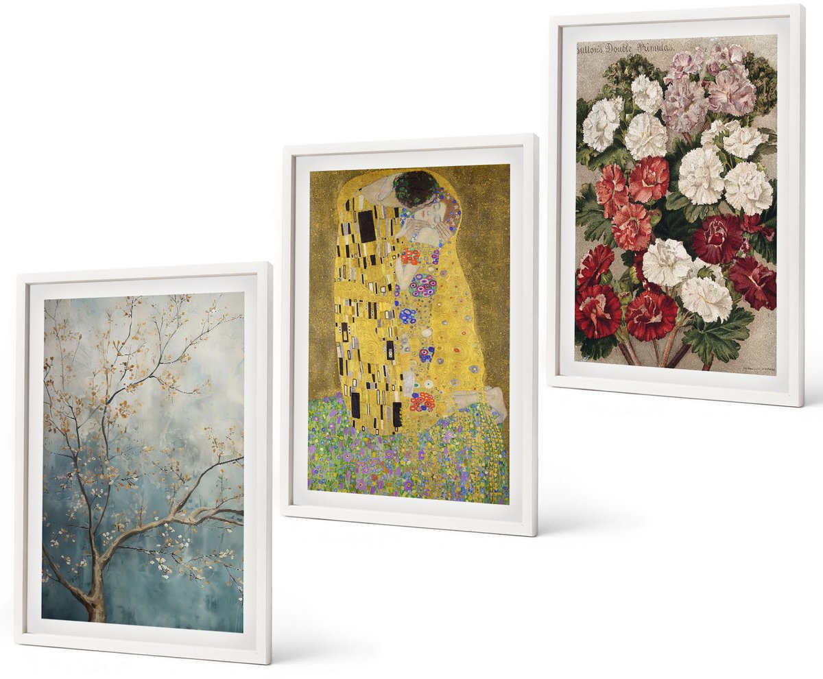 Coloray 3-Delige Schilderij Set - Bloemen En Bomen In De Schilderstijl Van De Kus Van Gustav Klimt. - 40 x 60 - Wanddecoratie - Muurdecoratie - Woonkamer