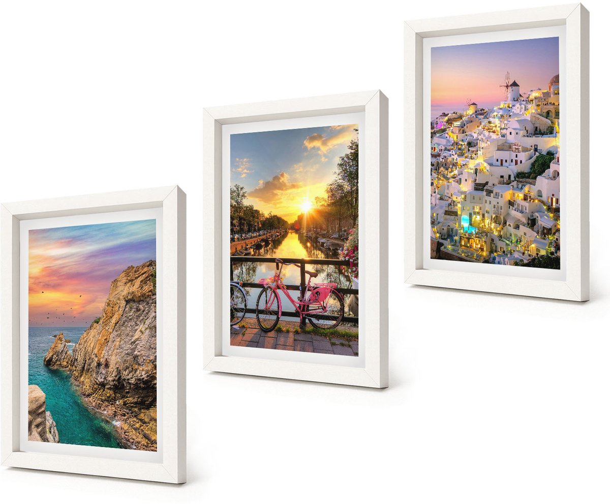 Coloray 3-Delige Schilderij Set - Uitzicht op zee met zonsondergang en de stad - 20x30 - Muurdecoratie - Decoratieve Schilderijen - Wohnzimmer - Woonkamer Decoratie