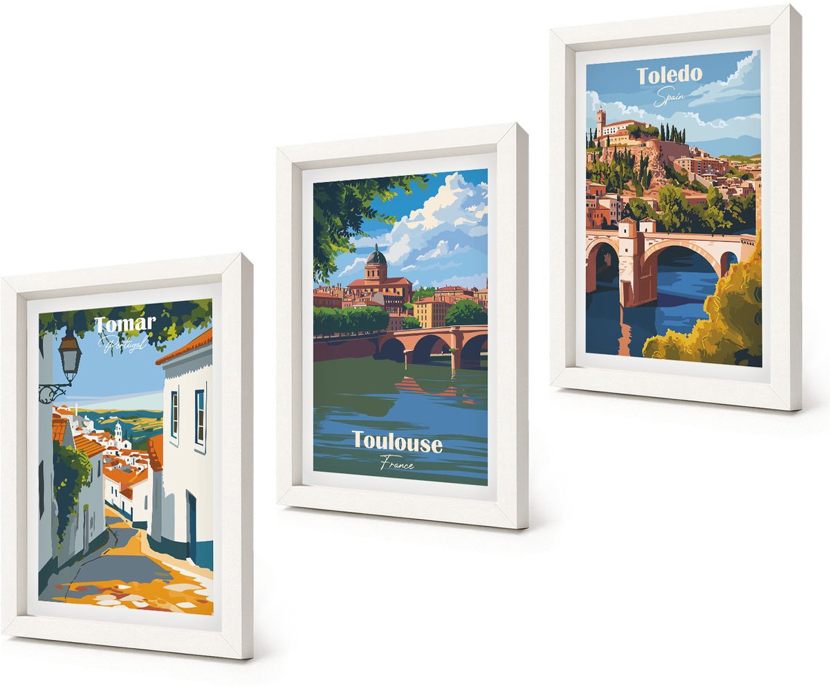 Coloray 3-Delige Schilderij Set - Grafische afbeeldingen van beroemde steden in retrostijl - 20x30 - Moderne Wanddecoratie - Slaapkamer