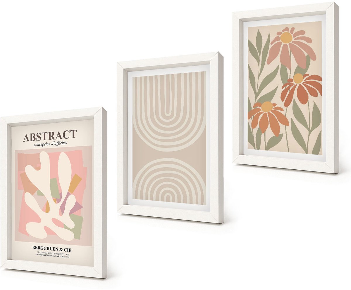 Coloray 3-Delige Schilderij Set - Abstracte vormen met plantmotieven in pastelkleuren. - 20x30 - Decoratieve Schilderijen - Woonkamer - Interieur - Woonkamer Decoratie