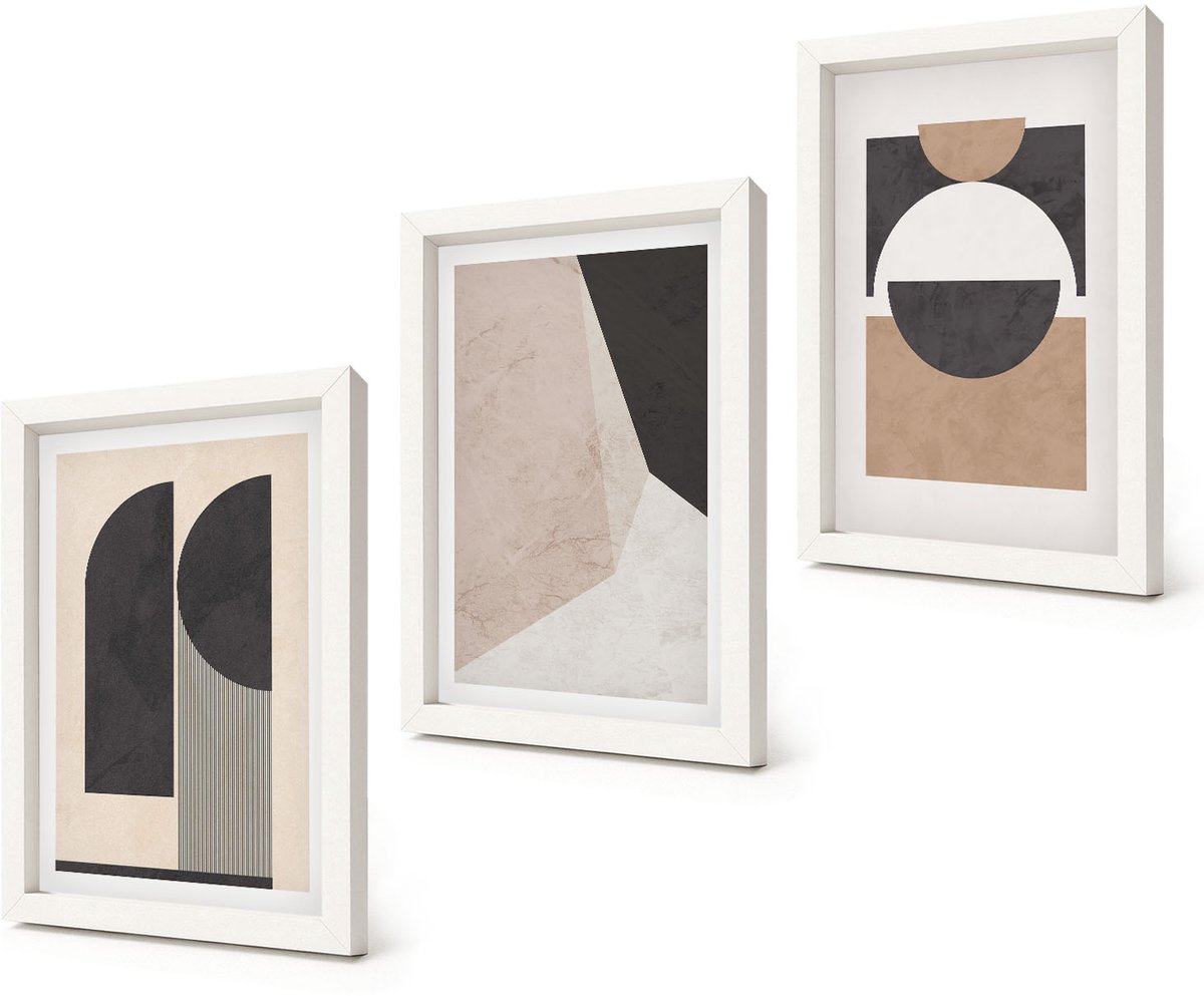 Coloray 3-Delige Schilderij Set - Abstracte vormen in beige en bruine tinten. - 20x30 - Decoratieve Muurdecoratie - Slaapkamer - Moderne Wanddecoratie