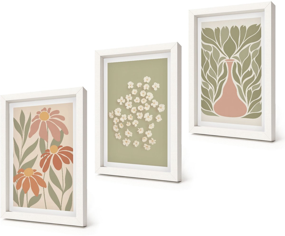 Coloray 3-Delige Schilderij Set - Bloemmotieven, minimalistische patronen, boho-stijl - 20x30 - Wanddecoratie - Muurdecoratie - Moderne Interieurdecoratie