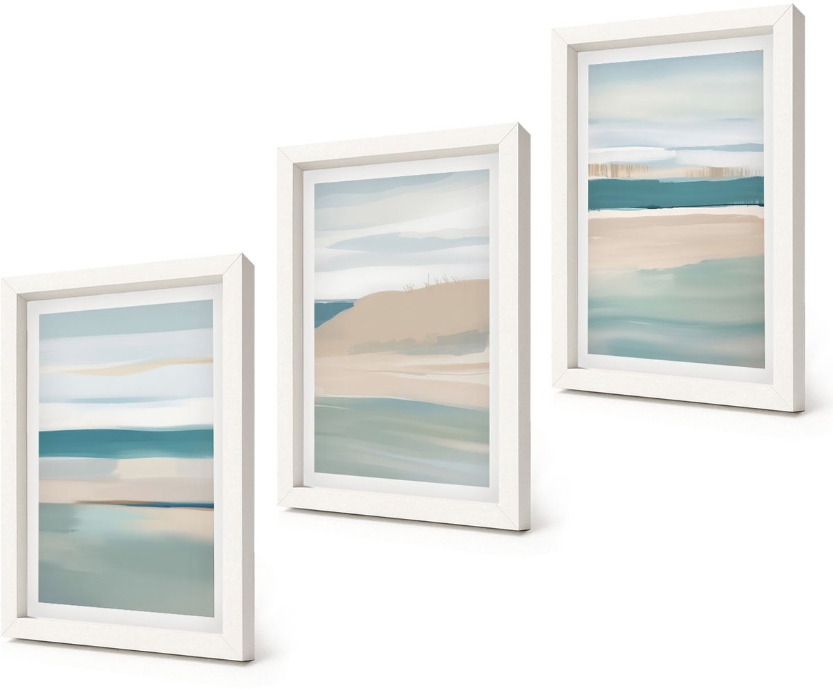 Coloray 3-Delige Schilderij Set - Abstracte landschappen in tinten blauw en beige. - 20x30 - Muurdecoratie - Schilderijen Set - Woonkamer - Decoratieve Schilderijen