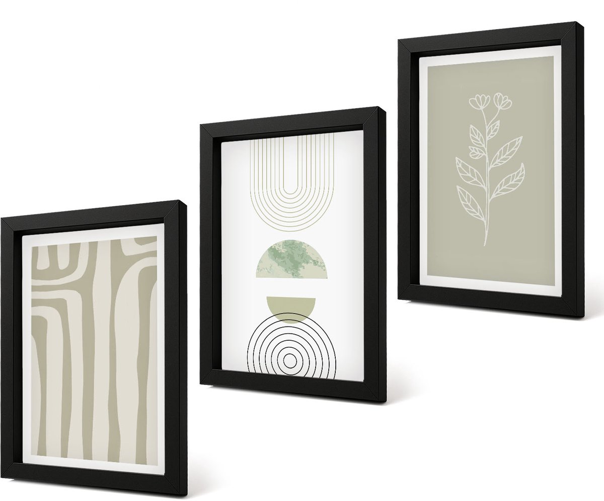 Coloray 4-Delige Schilderij Set - Geometrische patronen met plantenaccenten in groene tinten. - 20 x 30 cm - Wanddecoratie - Woonkamer Decoratie - Interieur Decoratie