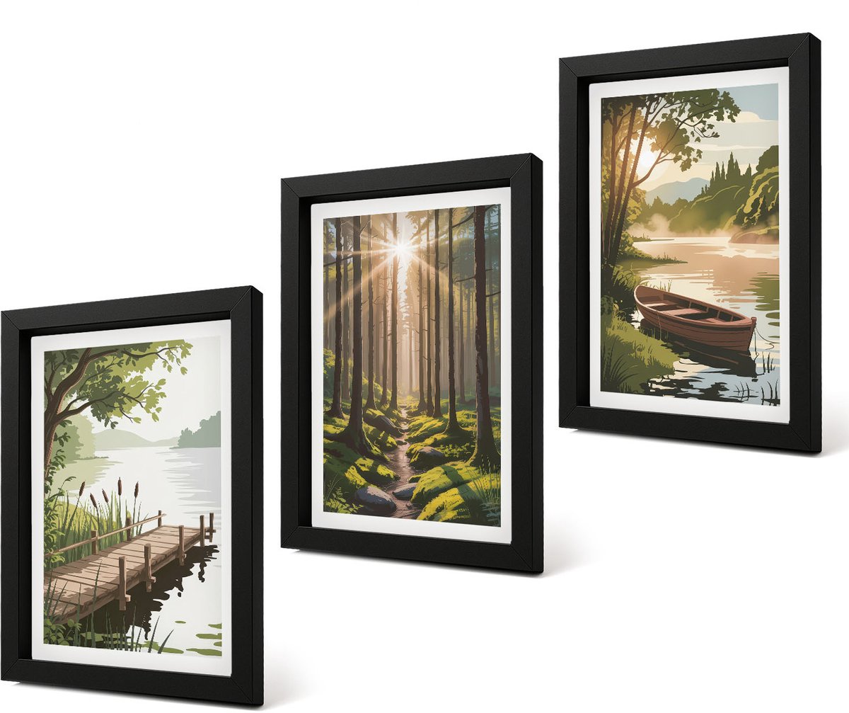 Coloray 4-Delige Schilderij Set - Rustige landschappen van bos en meer met een boot - 20 x 30 cm - Muurdecoratie - Decoratieve Schilderijen - Wohnzimmer