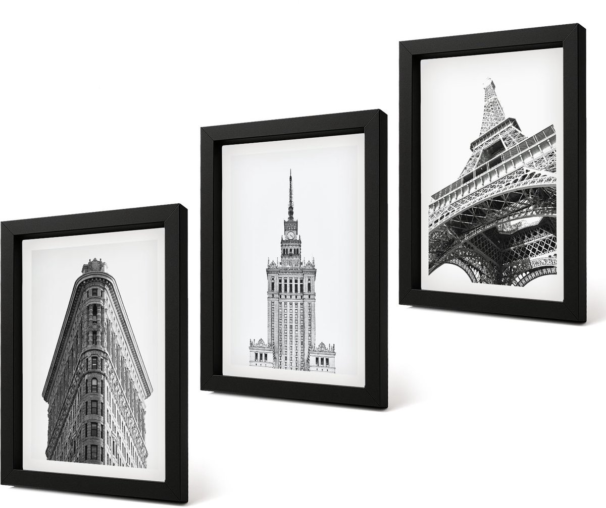 Coloray 4-Delige Schilderij Set - Architectonische gebouwen in zwart-wit minimalisme - 20 x 30 cm - Muurdecoratie - Wanddecoratie - Slaapkamer