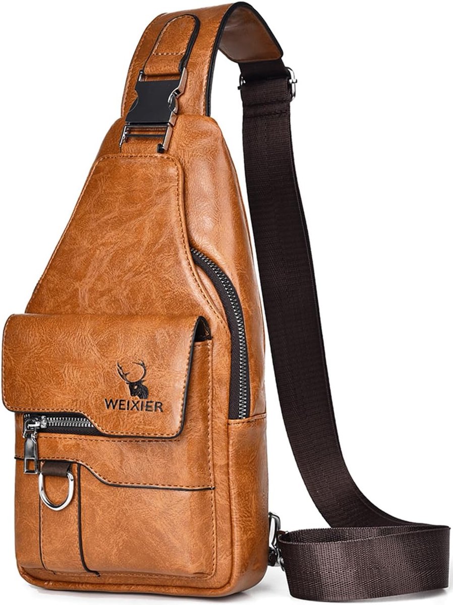 Sling Men's Leather Chest Bag Waterproof Shoulder Bags Casual Lightweight Mobile Phone Bag Crossbody Bag for Hiking - ShopVlot