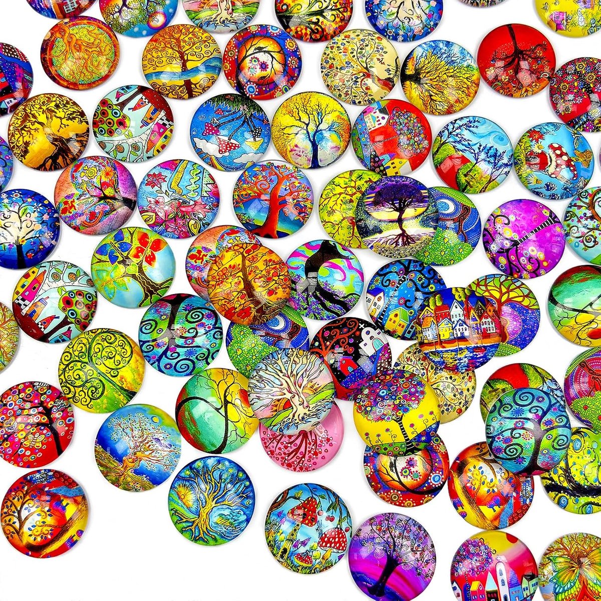 Muggelstenen, kleurrijk, groot, 25 mm, levensboom, bedrukt, koepelglas-cabochons, halfronde glas-cabochons - ShopVlot
