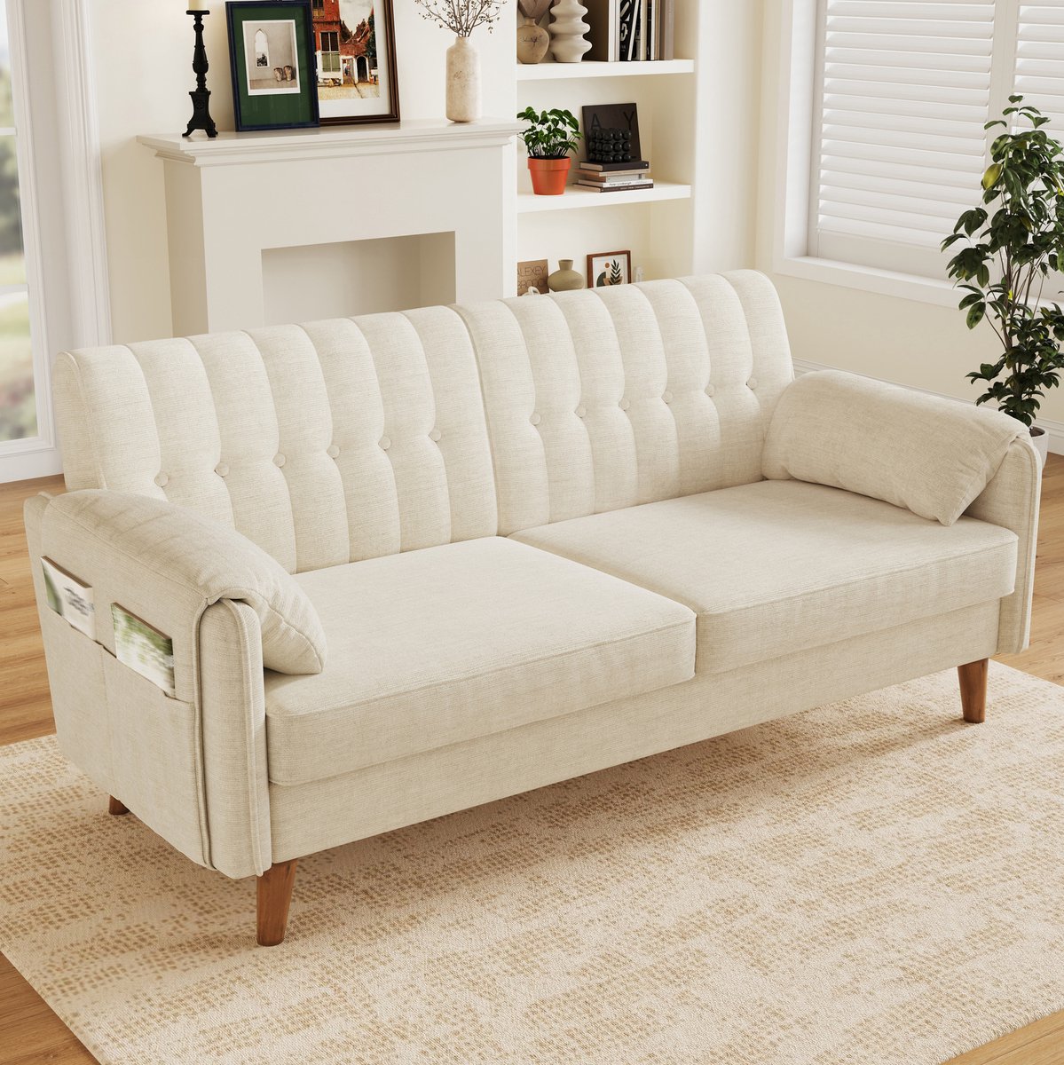 DESMIU Zitbank - 2-Zitsbank Van 161,5 Cm - Met Getufte Rugleuning, Armleuningkussens En Zijvakken - Voor Woonkamer, Kantoor En Kleine Ruimtes - Chenille - Beige